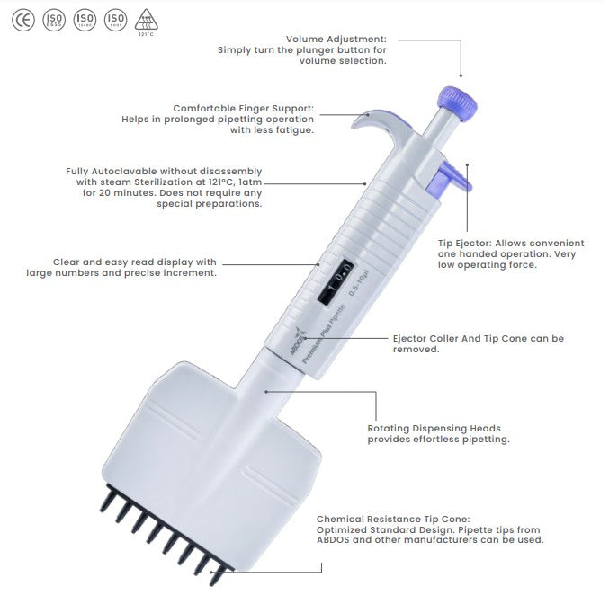 Abdos Premium Plus 8-Channel Adjustable Multichannel Pipette – Fully Autoclavable